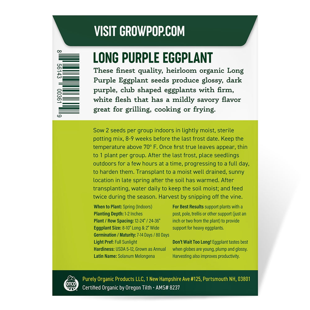 Purely Organic Heirloom Eggplant Seeds - Long Purple (Approx 160 Seeds)
