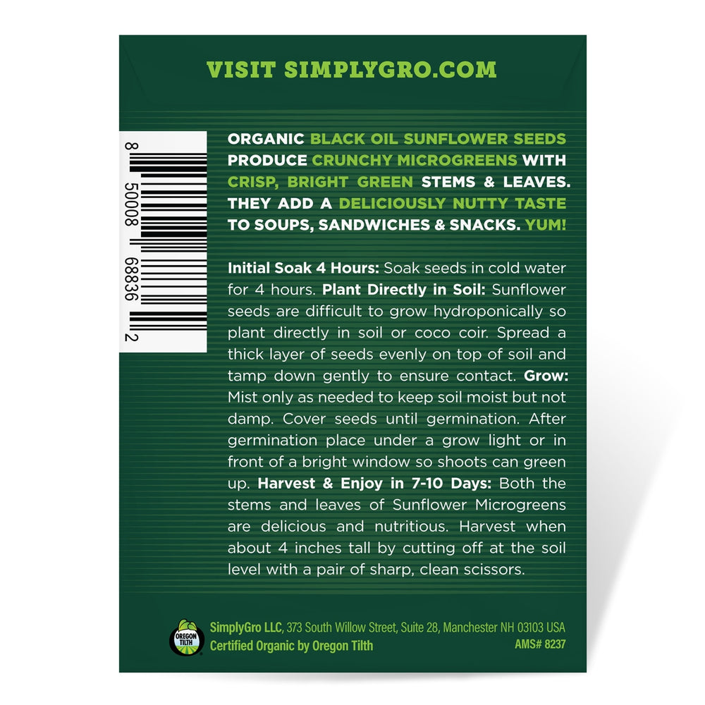 SimplyGro Organic Black Oil Sunflower Microgreen Seeds - Approx 100 Seeds