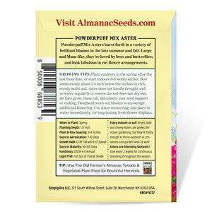 The Old Farmer's Almanac Powder Puff Mix Aster Seeds - Premium Non-GMO, Open Pollinated, USA Origin, Flower Seeds