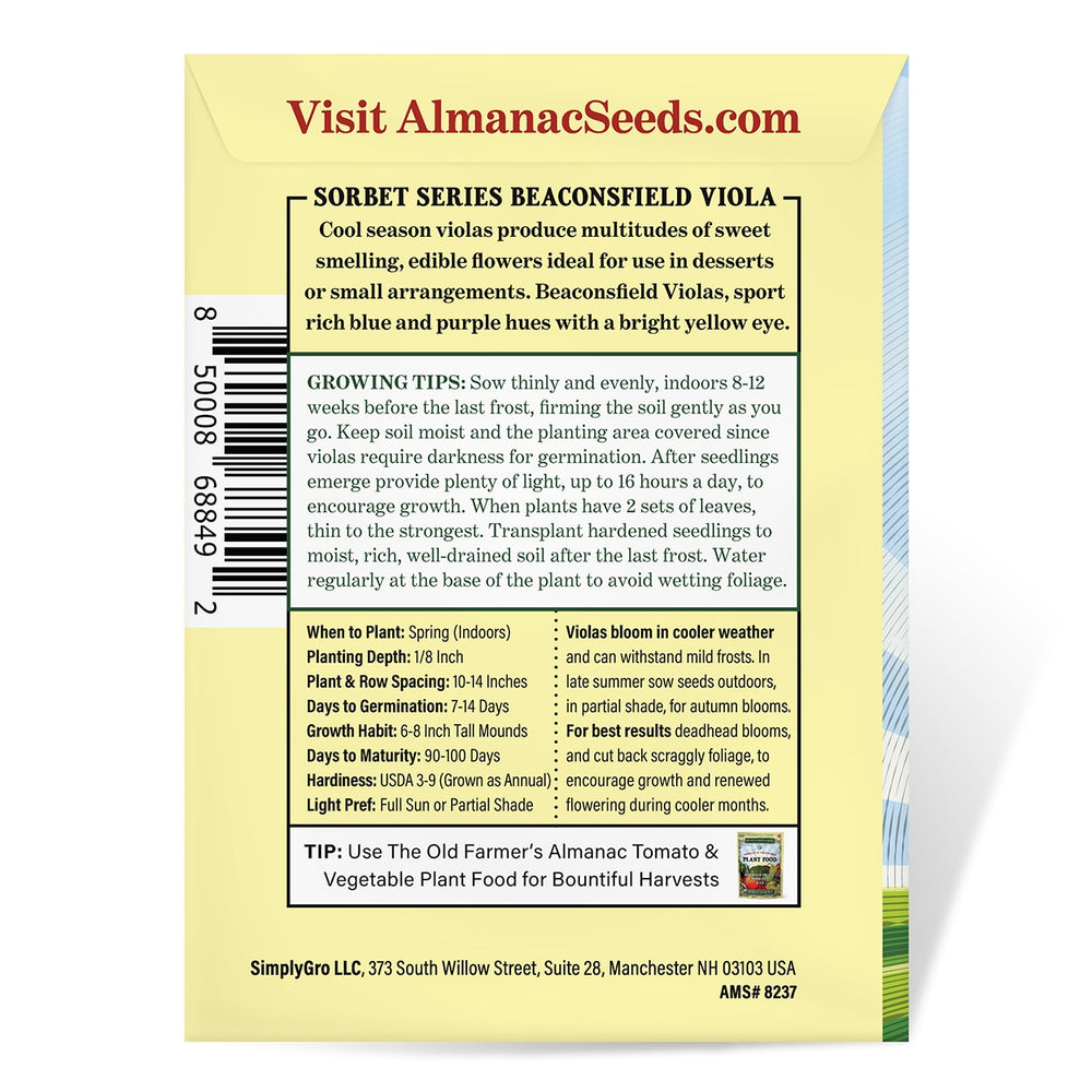 The Old Farmer's Almanac Sorbet Series Beaconsfield Viola Seeds - Premium Non-GMO, Open Pollinated, USA Origin, Flower Seeds