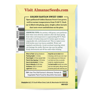 The Old Farmer's Almanac Heirloom Golden Bantam Sweet Corn Seeds - Premium Non-GMO, Open Pollinated, Vegetable Seeds