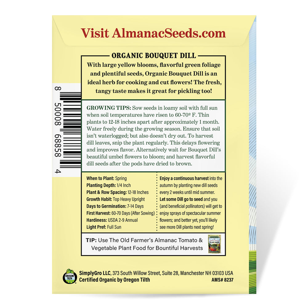 
                
                    Load image into Gallery viewer, The Old Farmer&amp;#39;s Almanac Organic Bouquet Dill Seeds - Premium Non-GMO, Open Pollinated, USA Origin, Heirloom, Herb Seeds
                
            