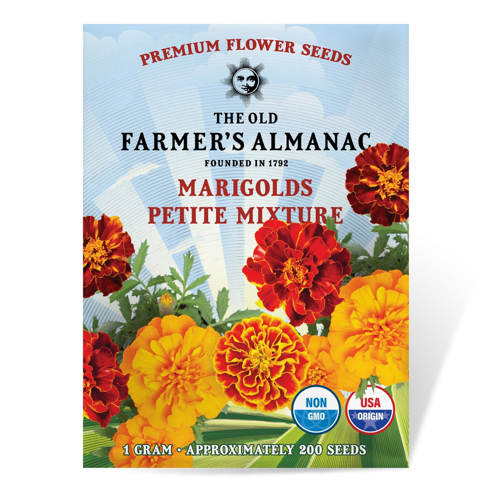 
                
                    Load image into Gallery viewer, The Old Farmer&amp;#39;s Almanac Petite Mixture Marigold Seeds - Premium Non-GMO, Open Pollinated, USA Origin, Flower Seeds
                
            